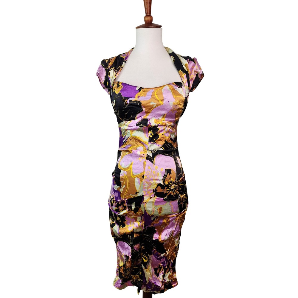 VTG 90s Y2K Cache Silk Floral Bombshell Wiggle Dress Size 2 Open Back